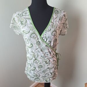 Sweet Pea Retro 60s Mesh Green and White Wrap Top